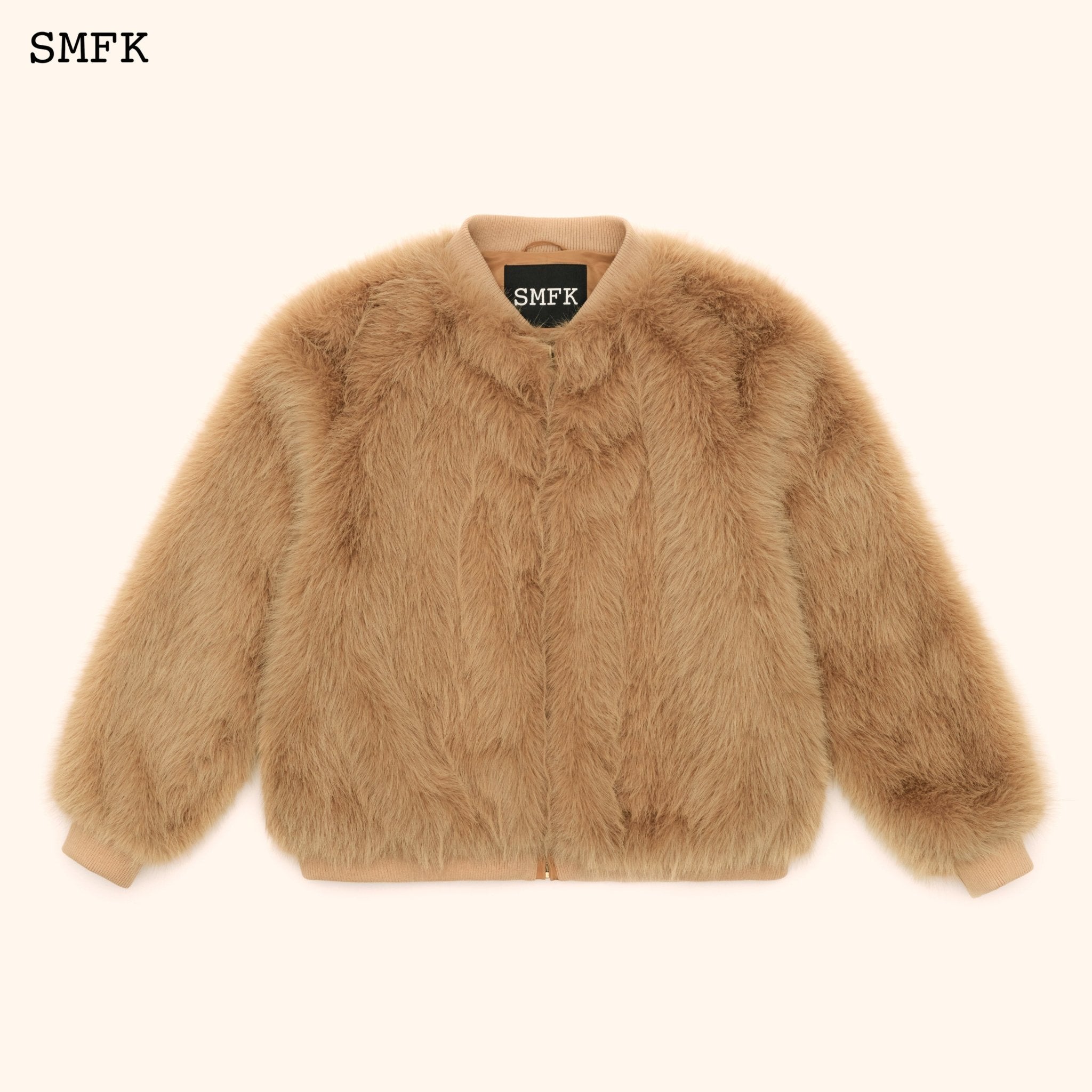 SMFK WildWorld Baseball Faux Fur Jacket In Wheat | MADA IN CHINA