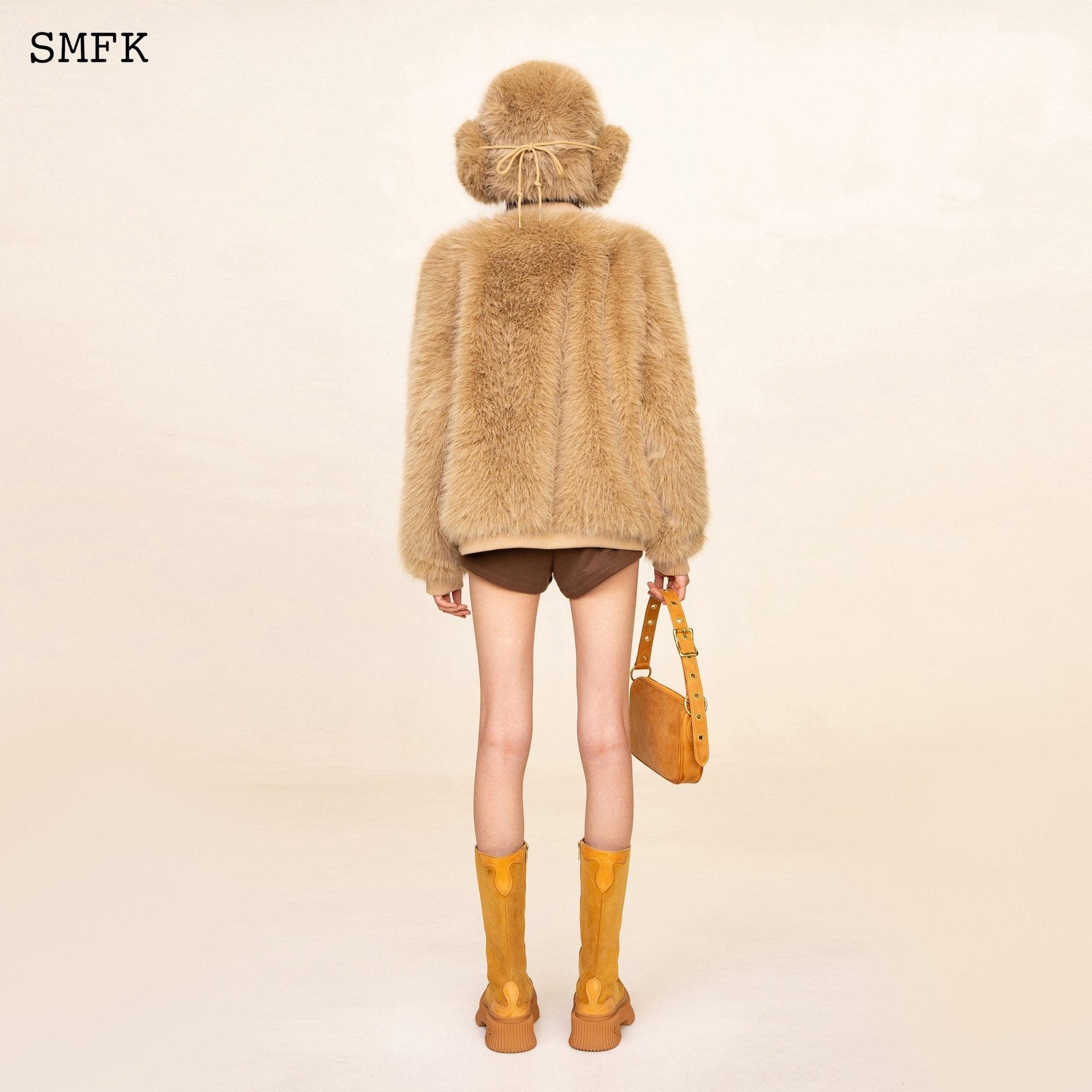 SMFK WildWorld Baseball Faux Fur Jacket In Wheat | MADA IN CHINA