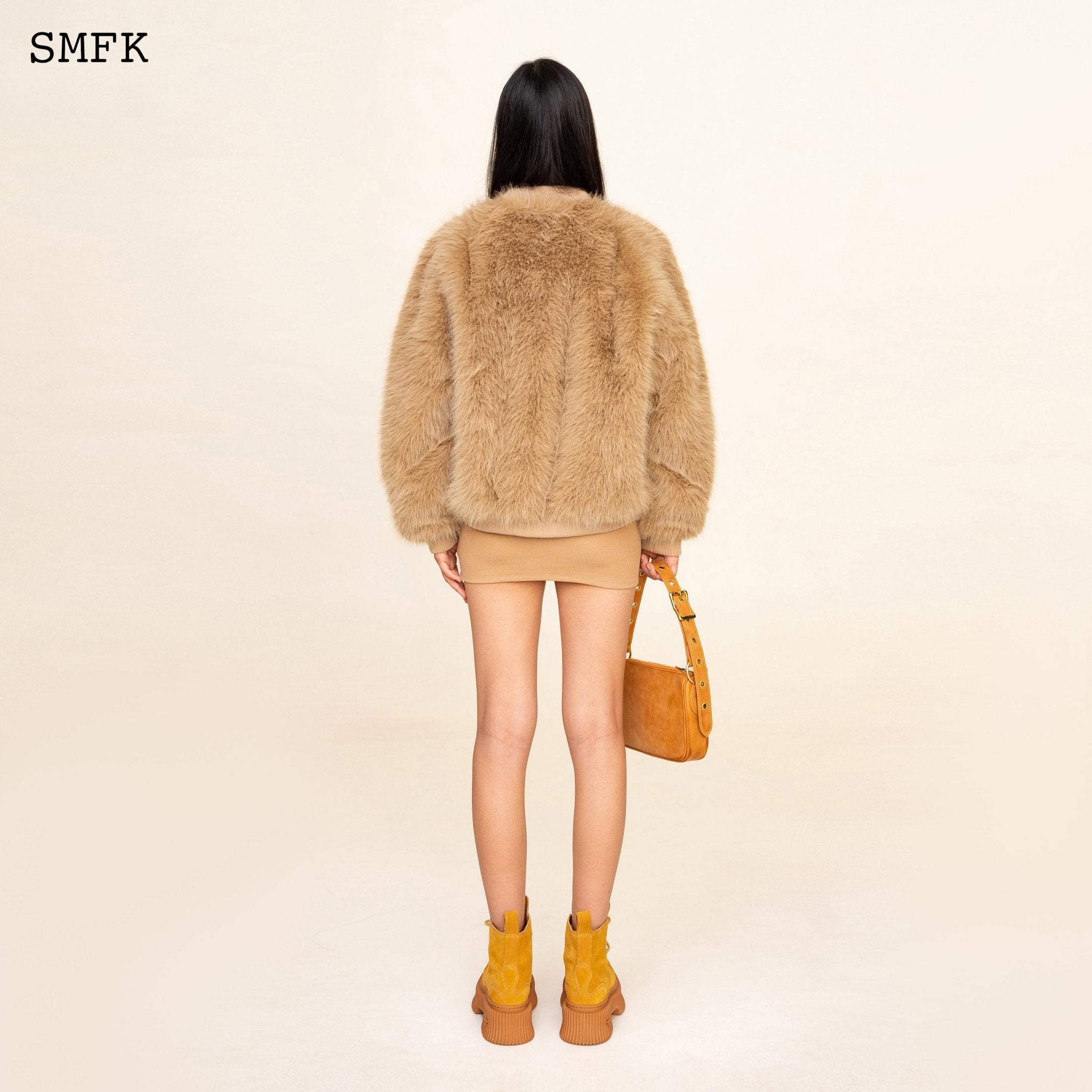 SMFK WildWorld Baseball Faux Fur Jacket In Wheat | MADA IN CHINA