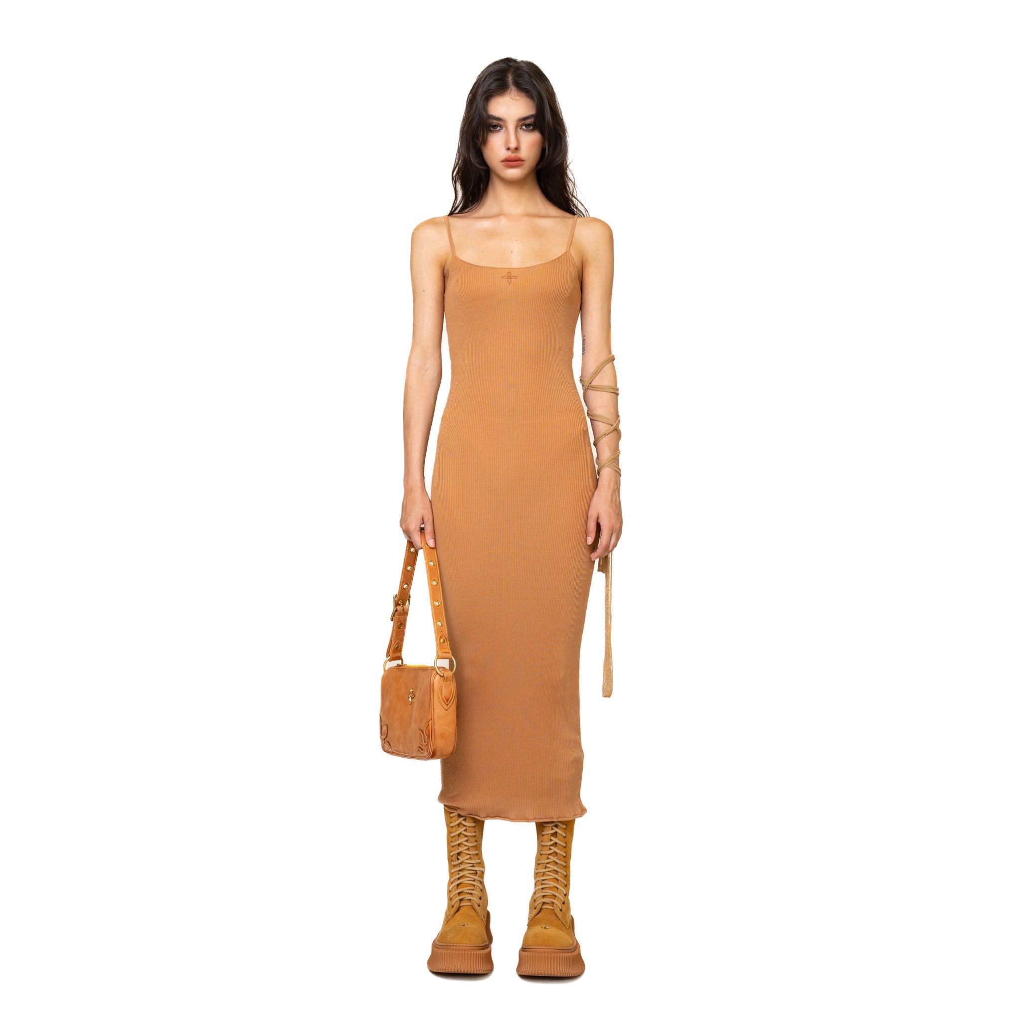 SMFK WildWorld Mermaid Knitted Silk Brace Dress In Khaki | MADA IN CHINA