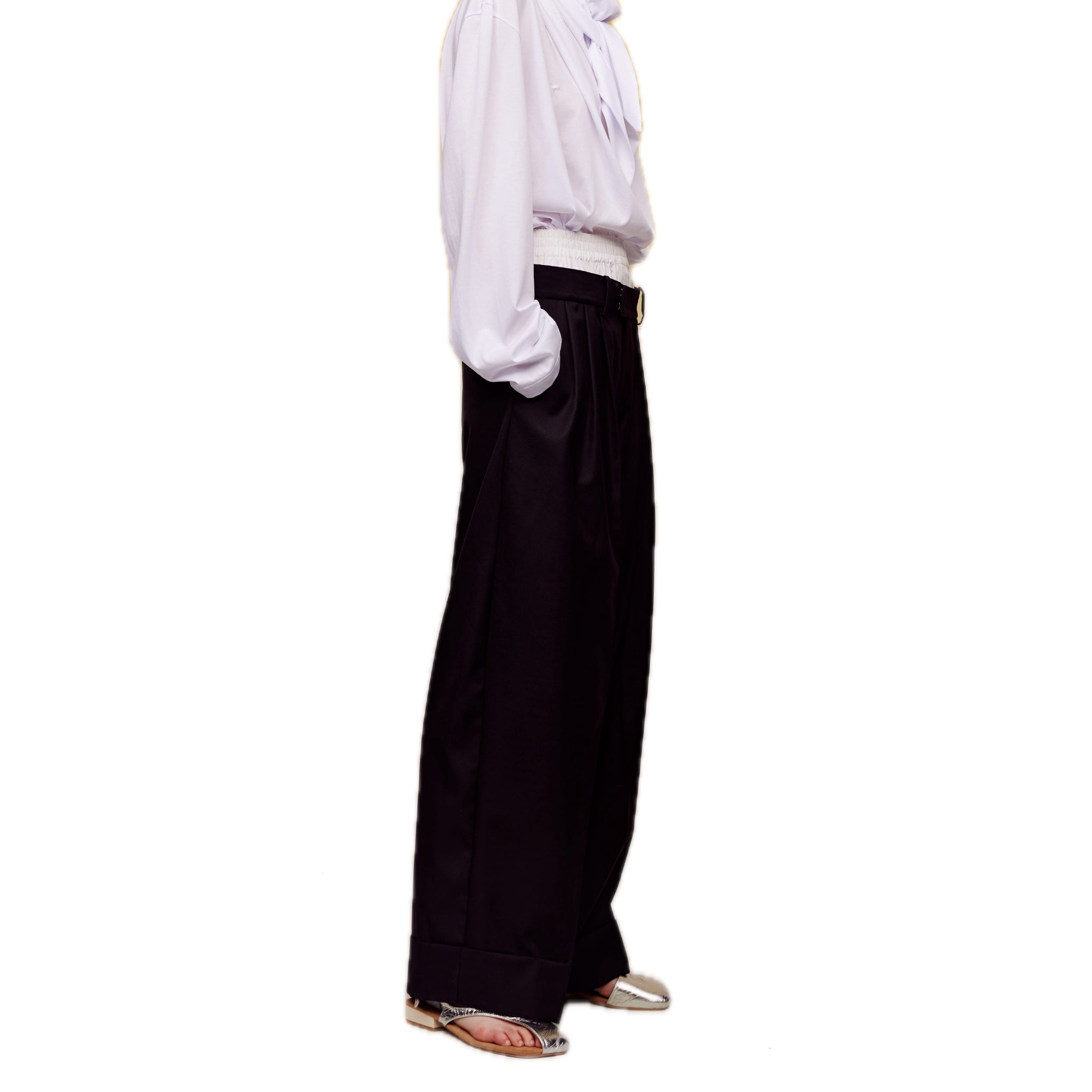 ilEWUOY Wool Double Waistband Paneled Black Trousers | MADA IN CHINA