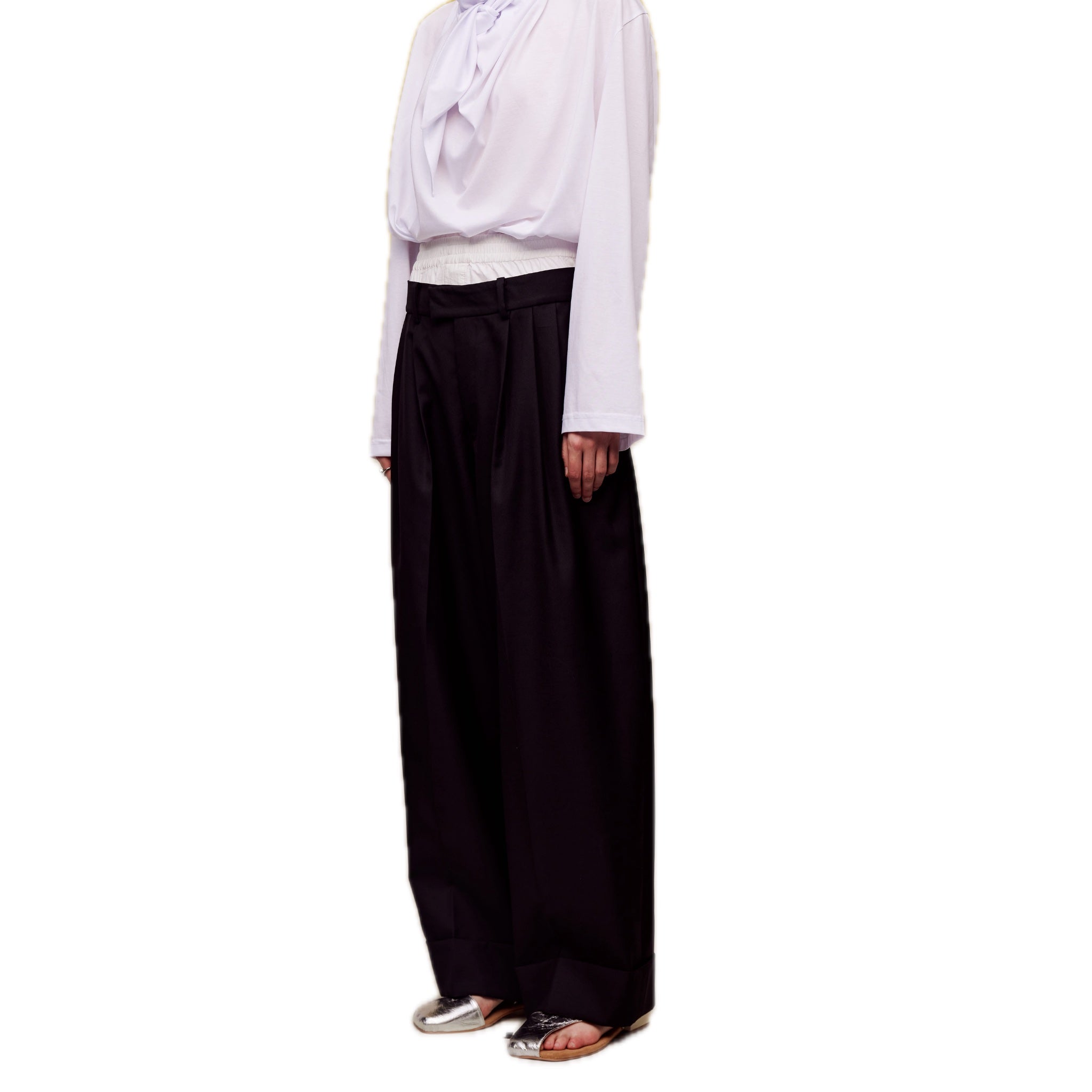 ilEWUOY Wool Double Waistband Paneled Black Trousers | MADA IN CHINA