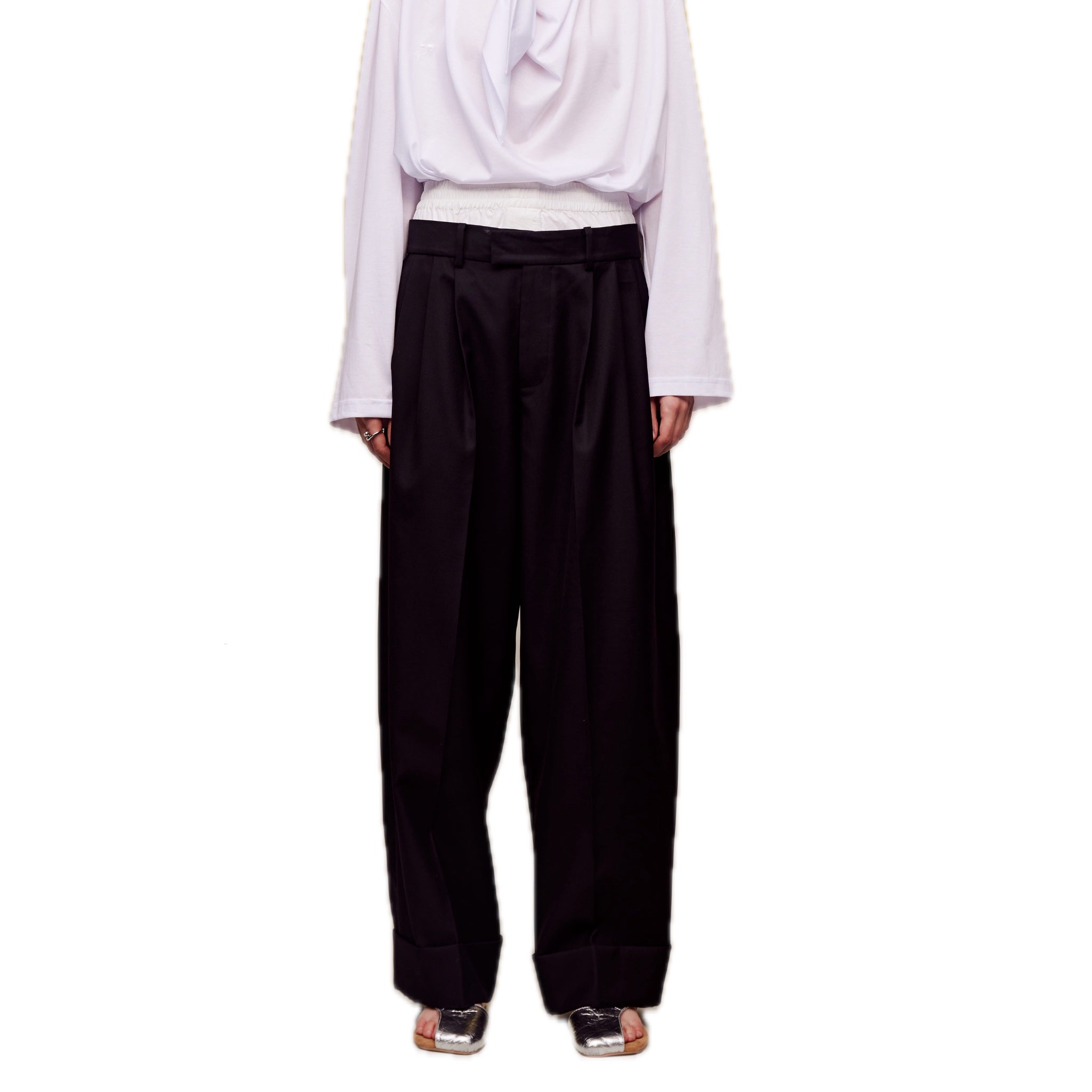 ilEWUOY Wool Double Waistband Paneled Black Trousers | MADA IN CHINA