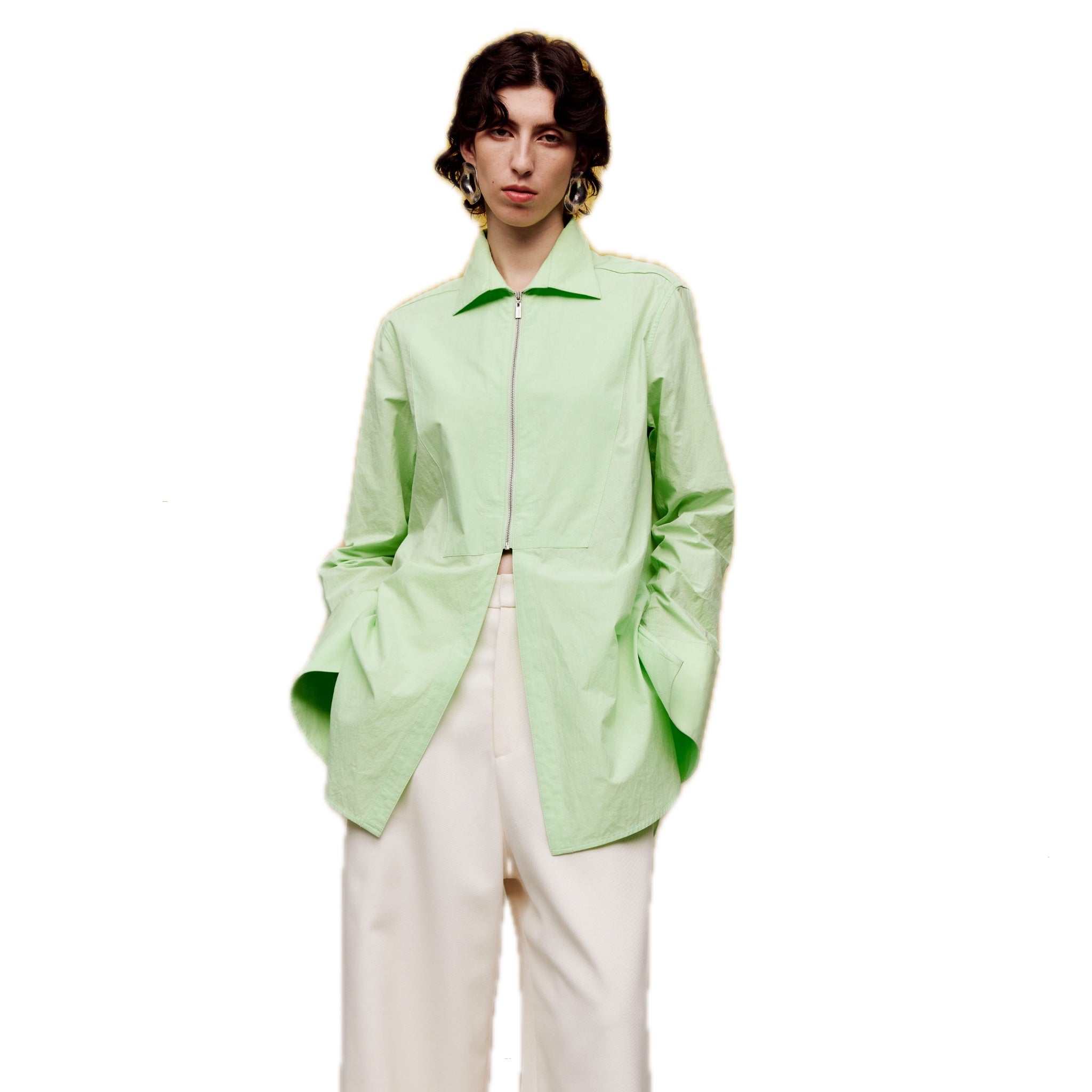 ilEWUOY Wrinkled Cotton Zip-up Shirt in Green | MADA IN CHINA