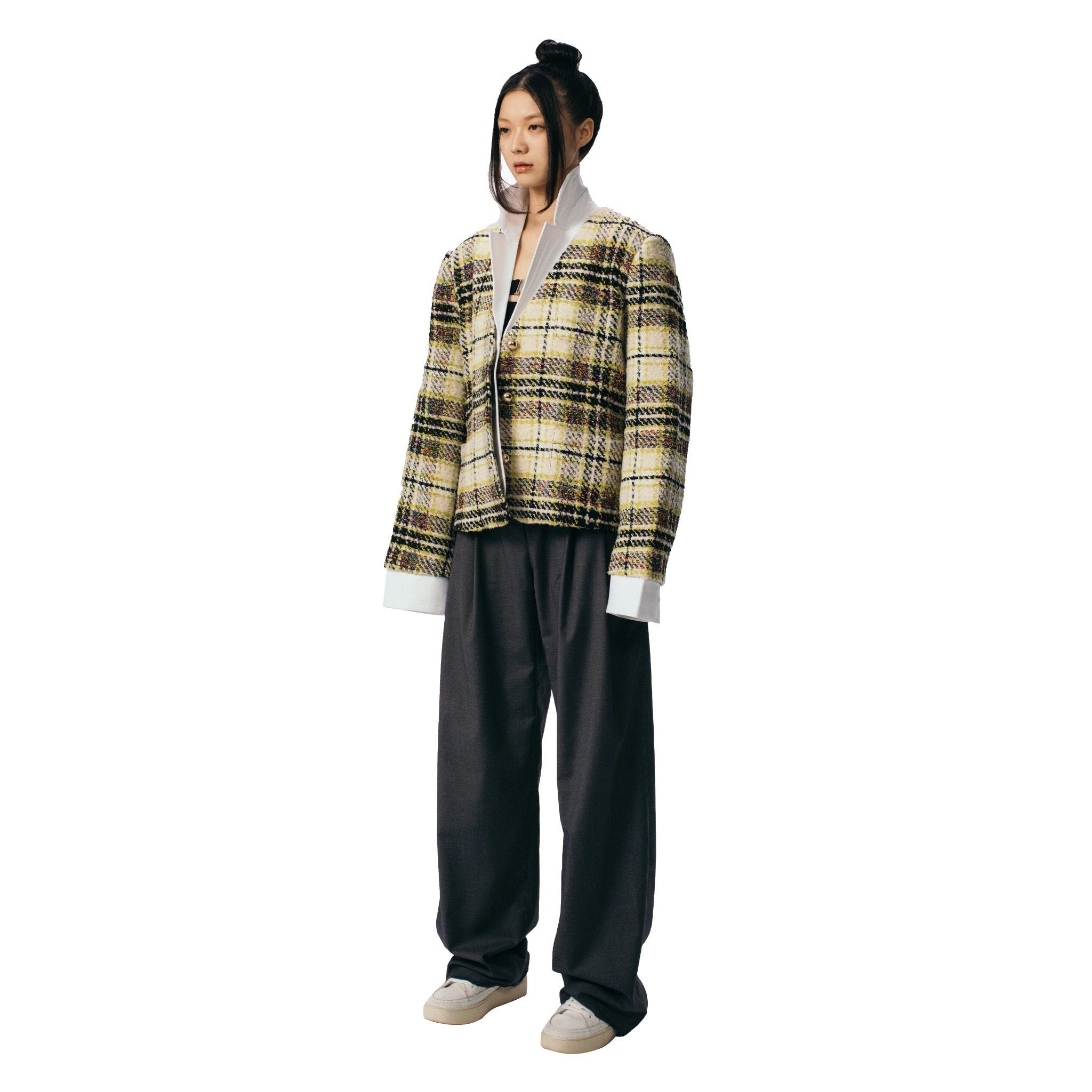 ANN ANDELMAN Yellow Panelled Plaid Jacket | MADA IN CHINA