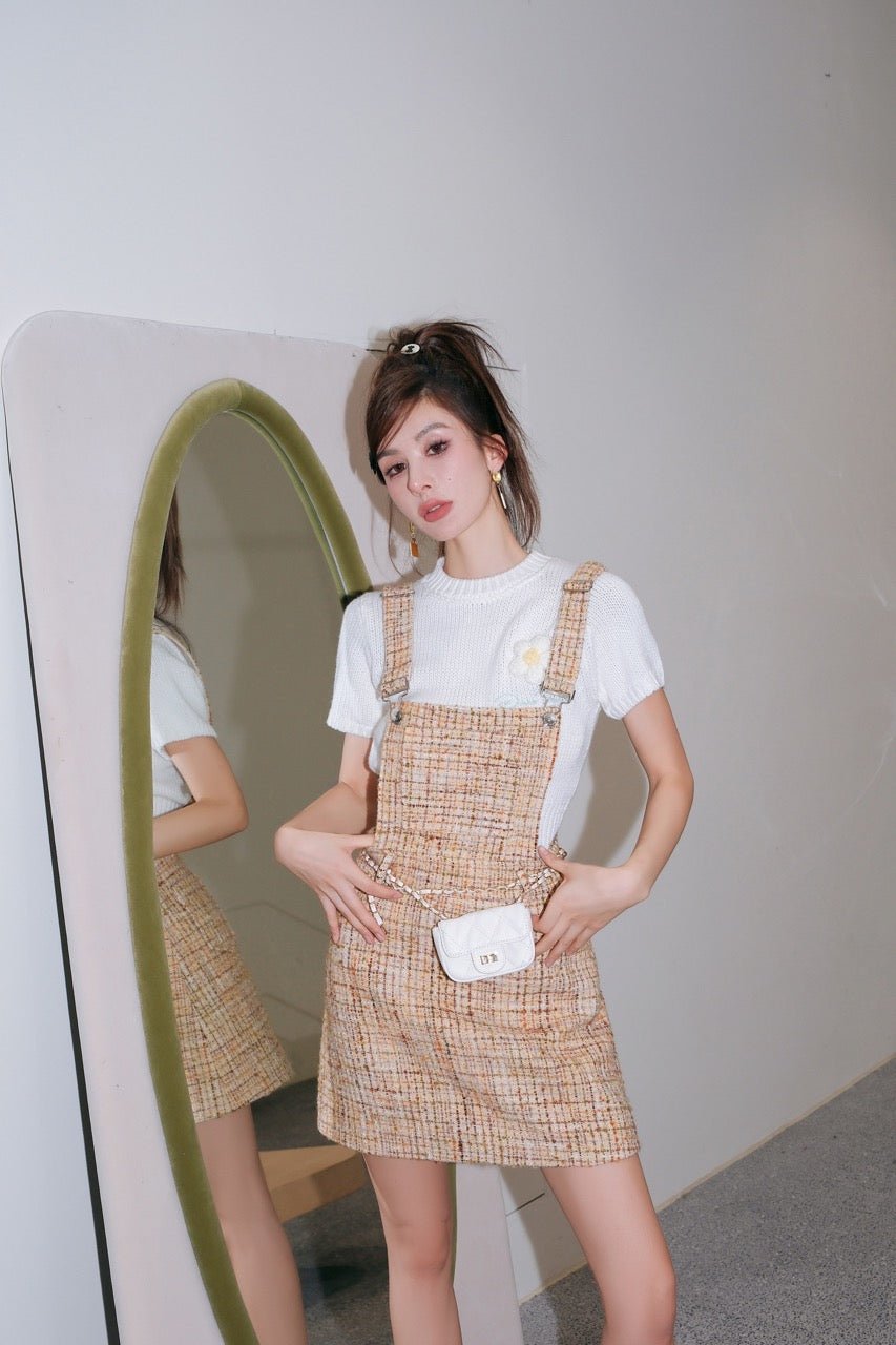 DIANA VEVINA Yellow Scented Tweed A-Line Suspenders Dress | MADA IN CHINA